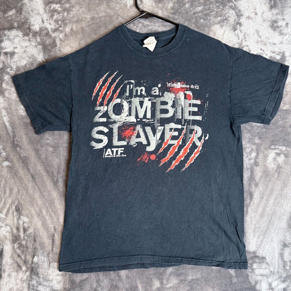 Vintage Y2K I'm A Zombie Slayer ATF Black Short Sleeve Graphic T-Shirt Size M